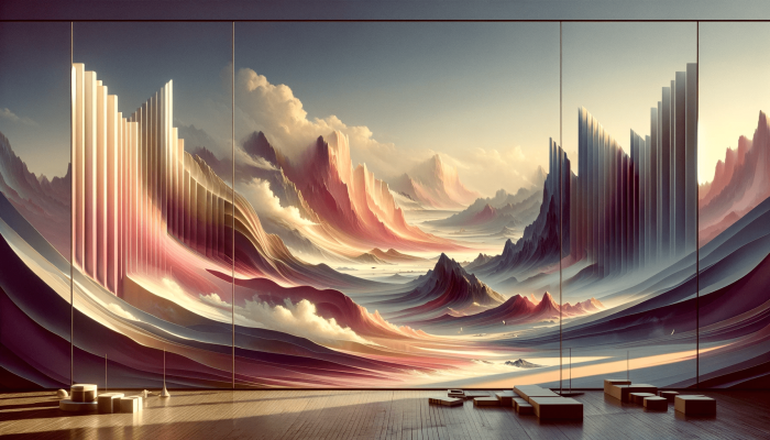 DALL·E 2024-01-16 10.21.10 - Create a panoramic image that could serve as an album cover in the style of Pink Floyd, using a limited color palette. The design should be minimalist
