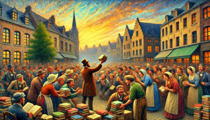 DALL·E 2024-07-17 11.00.28 - A panoramic scene in the style of Flemish Impressionism showing a humanoid distributing books to a crowd of people. The scene uses vibrant, soft brush