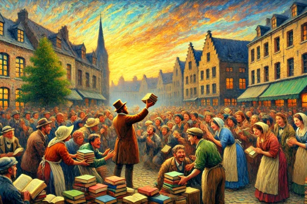 DALL·E 2024-07-17 11.00.28 - A panoramic scene in the style of Flemish Impressionism showing a humanoid distributing books to a crowd of people. The scene uses vibrant, soft brush